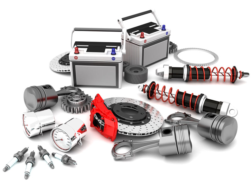 3D illustration of car batteries and other auto parts on a white background